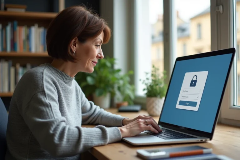Femme utilisant un ordinateur portable pour accéder à IntraParis Nomade depuis son bureau à domicile