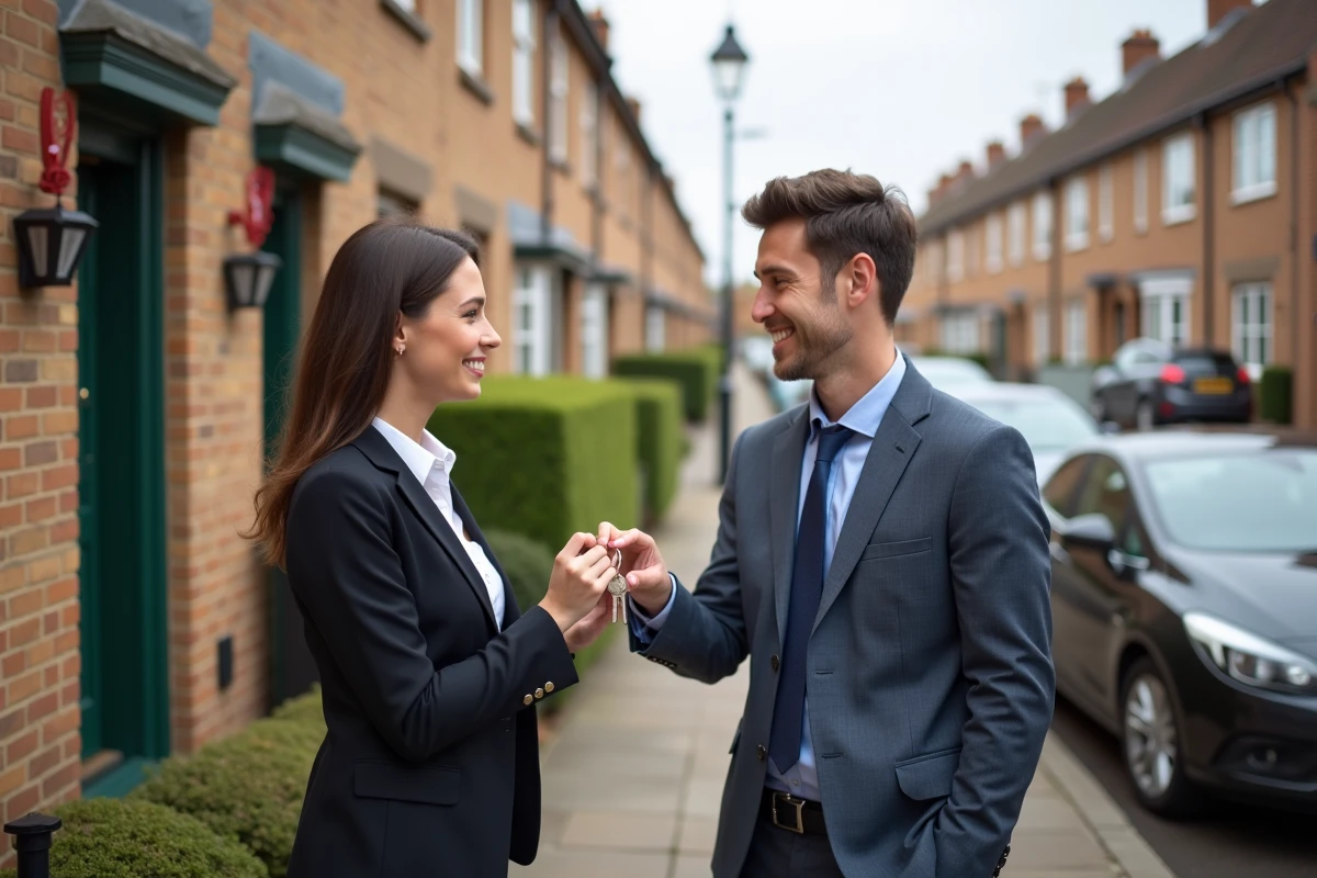 Agent immobilier remettant des clés à un jeune homme devant une maison