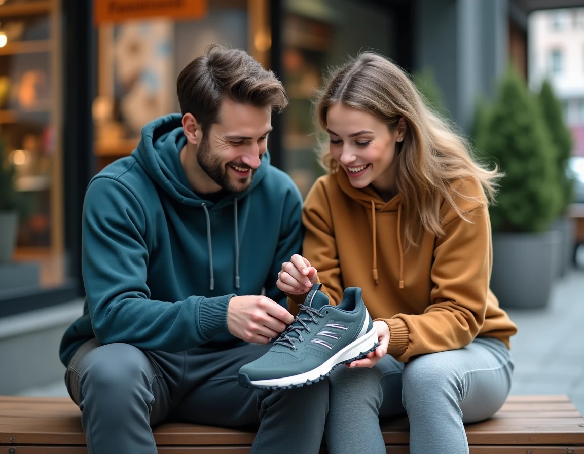 Deux amis sportifs examinant des chaussures de trail devant un magasin d'équipements sportifs en ville