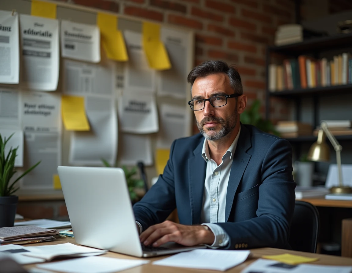 Journaliste à son bureau éditorial entouré de notes, illustrant la responsabilité de ne pas fournir un mode d'emploi