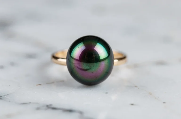 Bague en or 18 carats ornée d'une perle de Tahiti noire aux reflets paon sur marbre blanc