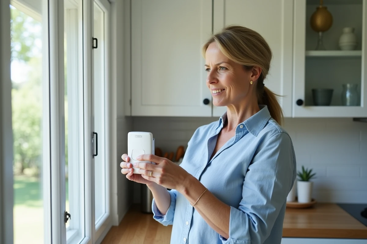 Femme tenant un capteur sans fil de station météo La Crosse Technology pour le réinitialiser dans une cuisine moderne