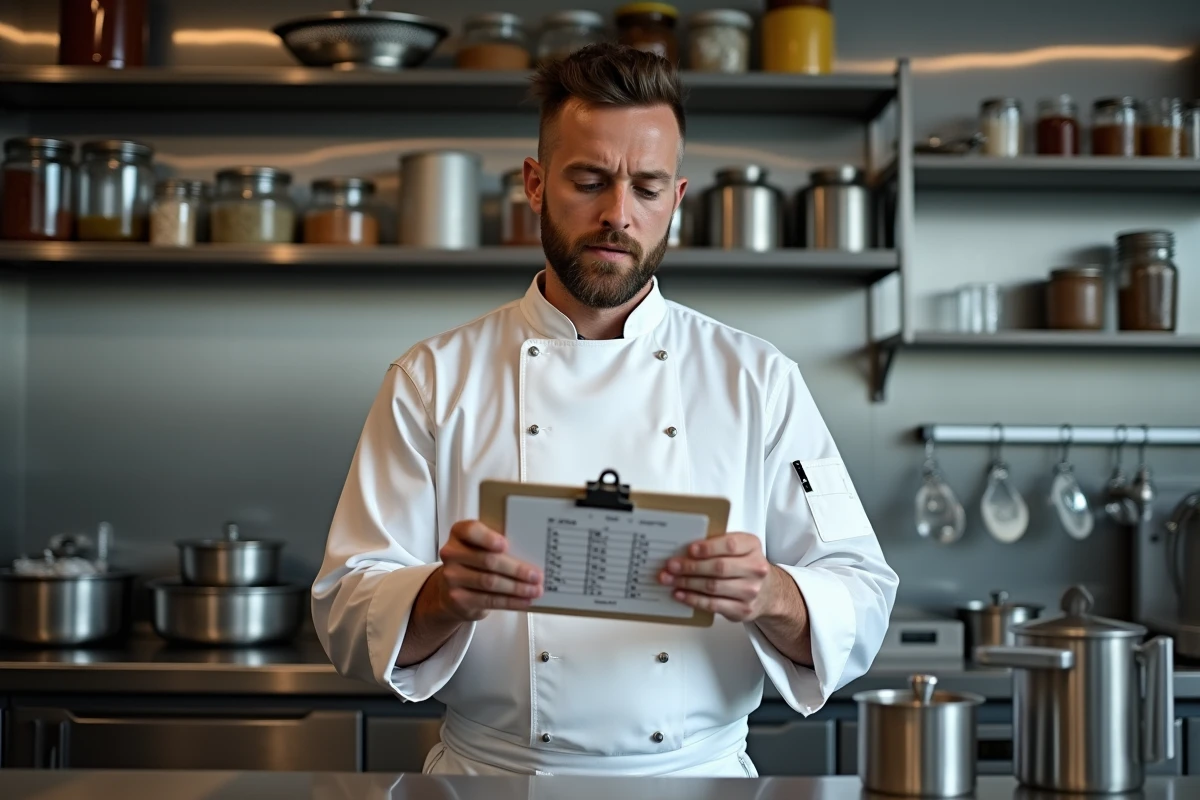 Chef cuisinier en tablier blanc tenant une tasse à mesurer de 400 ml dans une cuisine professionnelle avec une fiche de conversion de mesures