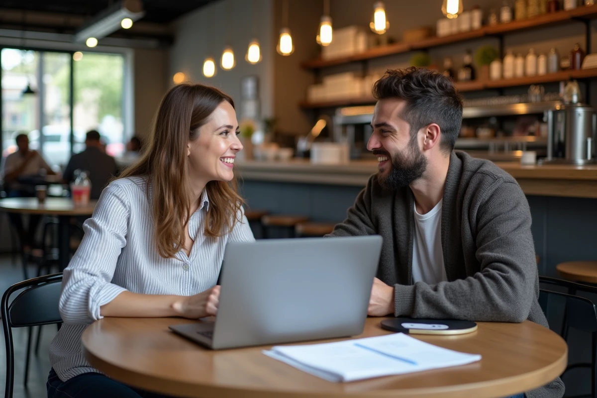 Deux collègues discutant et échangeant des explications autour de documents dans un café de travail contemporain