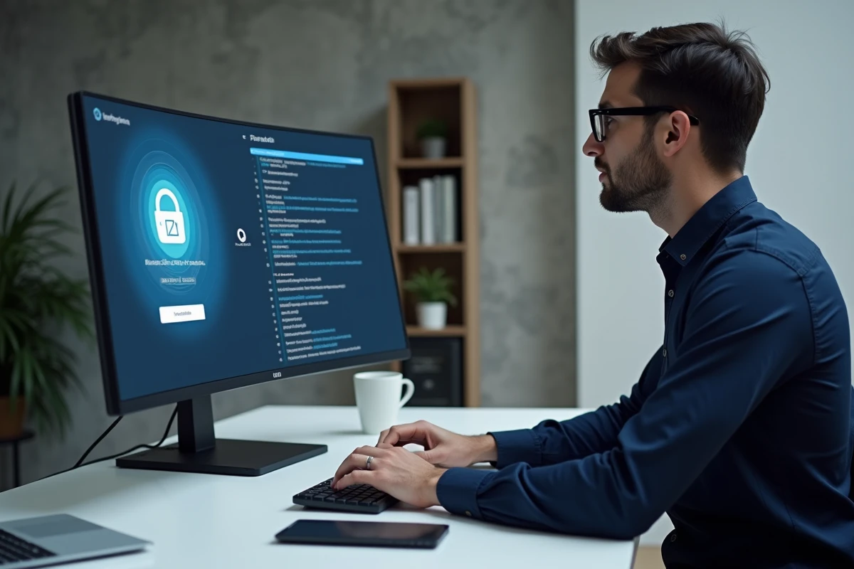 Homme connecté au portail IntraParis Nomade sur un ordinateur de bureau depuis son appartement parisien
