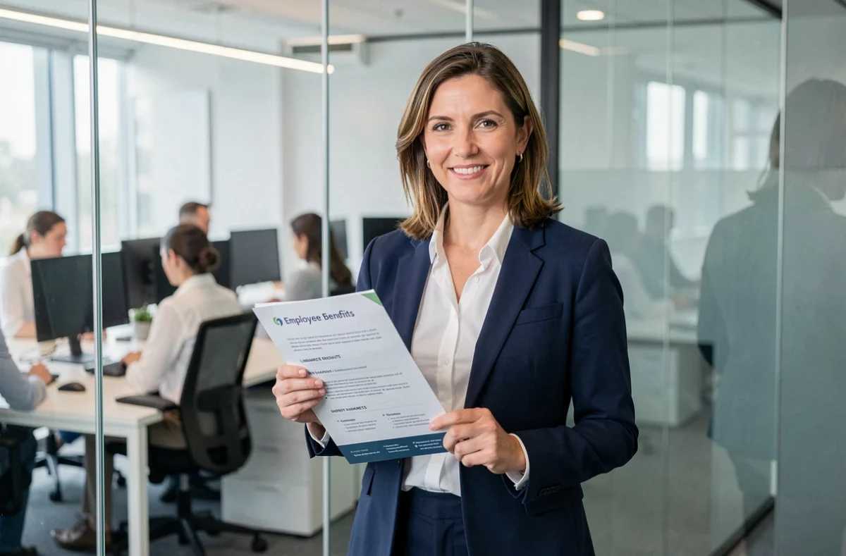 Consultante RH présentant les avantages de la prime de naissance Mercer dans un bureau d'entreprise moderne