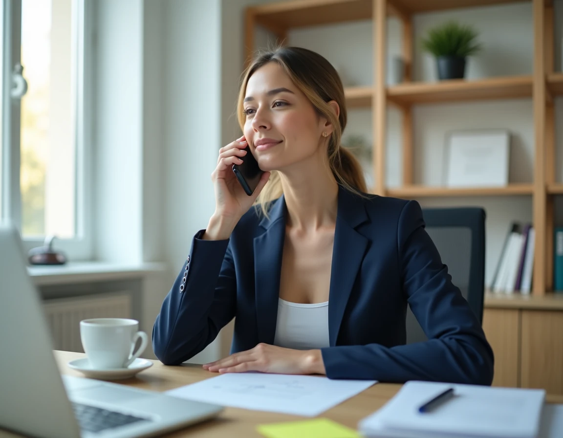 Femme professionnelle téléphonant au service client UPS depuis son bureau à domicile