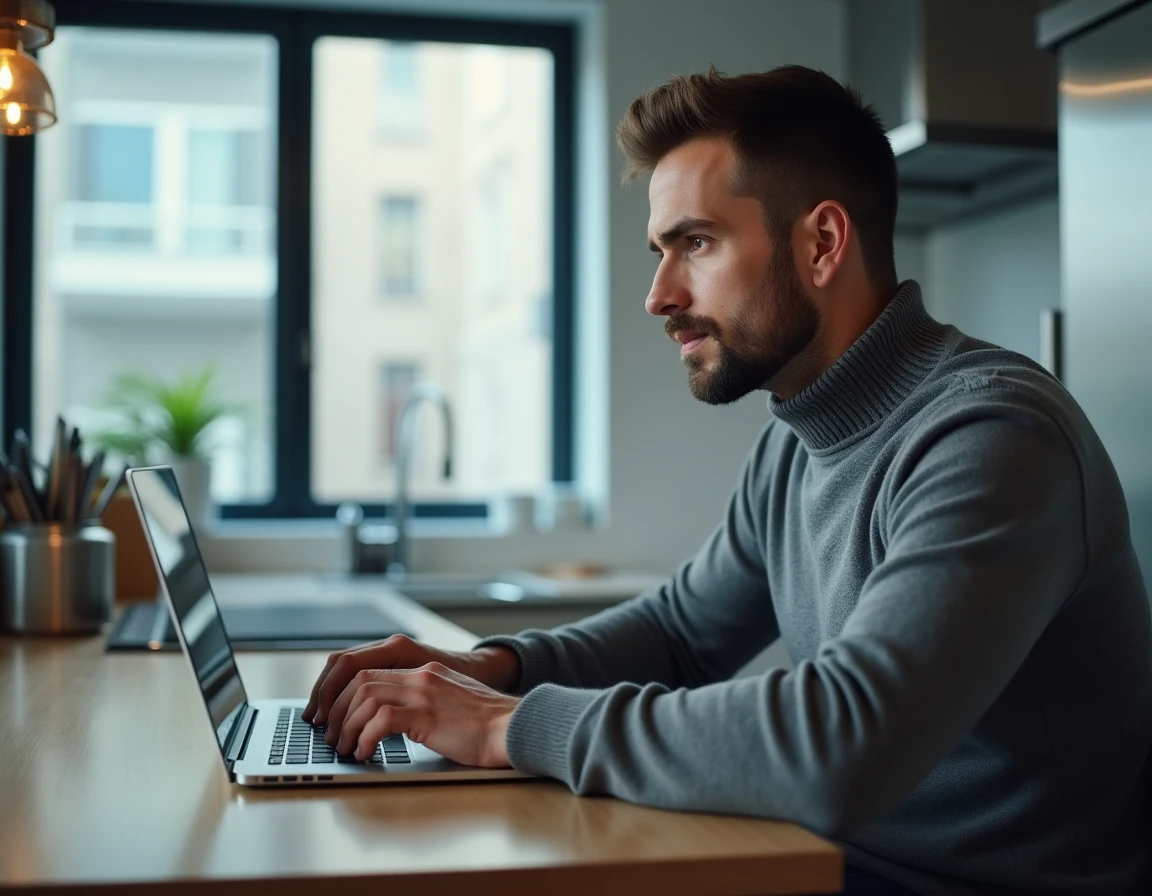 Homme utilisant le chat en ligne du service client UPS sur son ordinateur portable