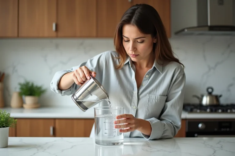Femme versant 400 ml d'eau dans une carafe d'un litre sur un plan de travail en marbre blanc pour illustrer une conversion de mesure en cuisine