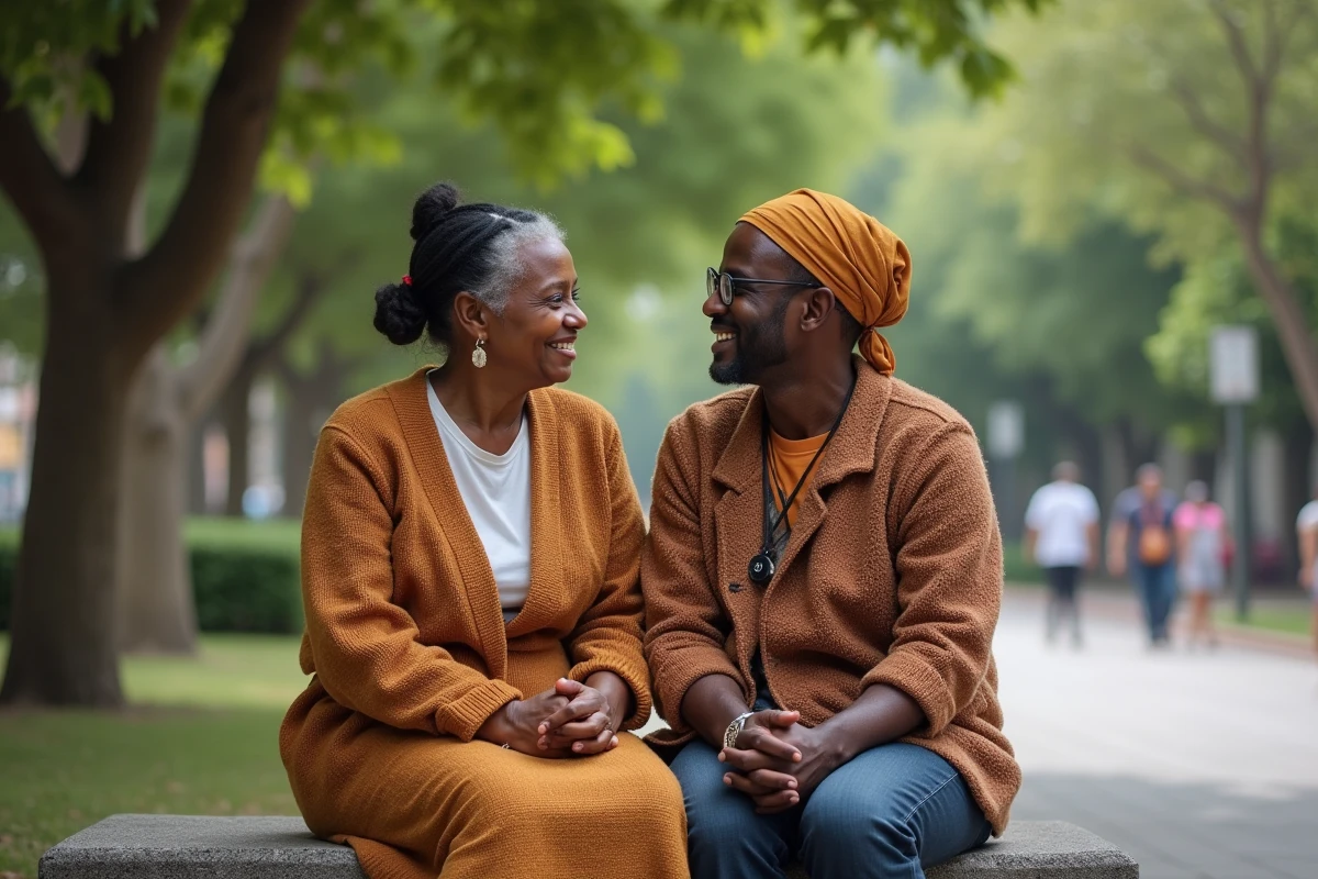Couple malgache discutant dans un parc urbain