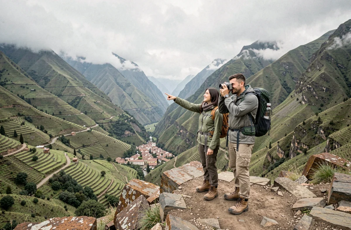 Couple de randonneurs observant une vallée andine depuis un sommet rocheux avec villages coloniaux et montagnes brumeuses en arrière-plan