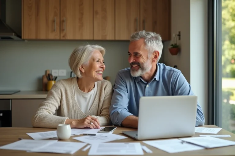 Couple heureux dans une cuisine moderne avec papiers et ordinateur
