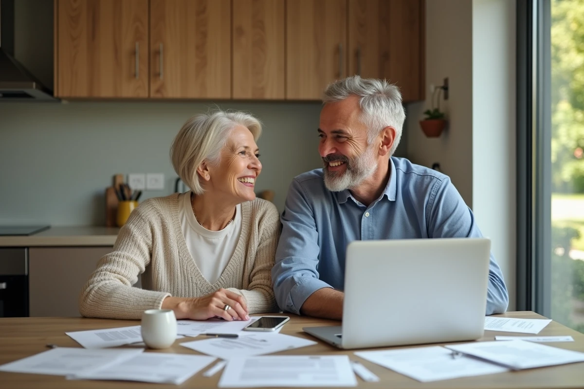 Couple heureux dans une cuisine moderne avec papiers et ordinateur