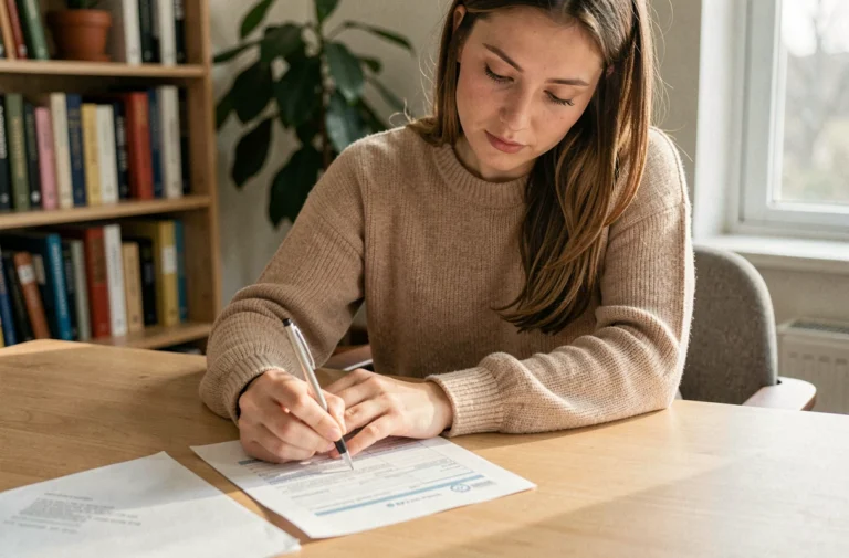 Jeune femme remplissant un formulaire de demande de prime de naissance Mercer à son bureau à domicile