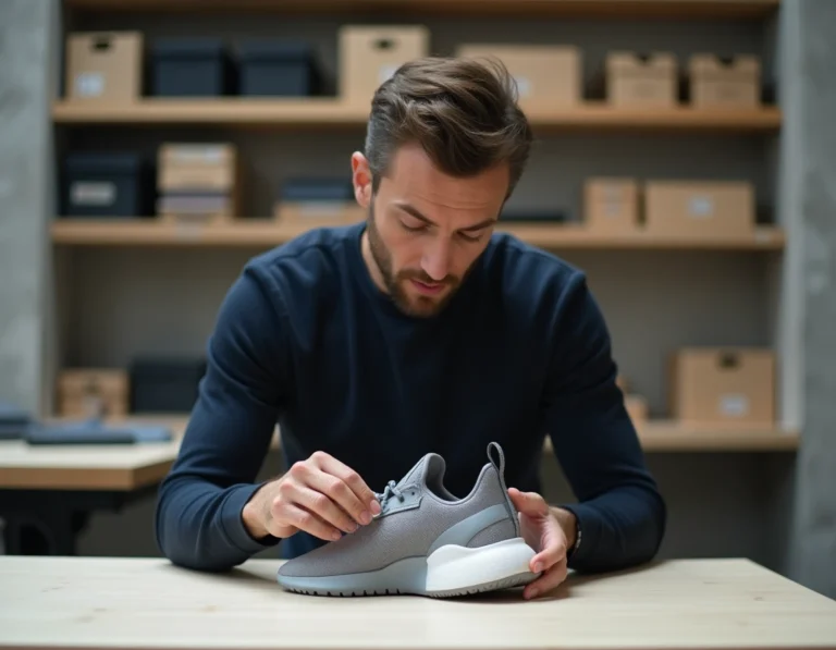 Designer examinant une sneaker Adivak dans un atelier de conception industrielle moderne
