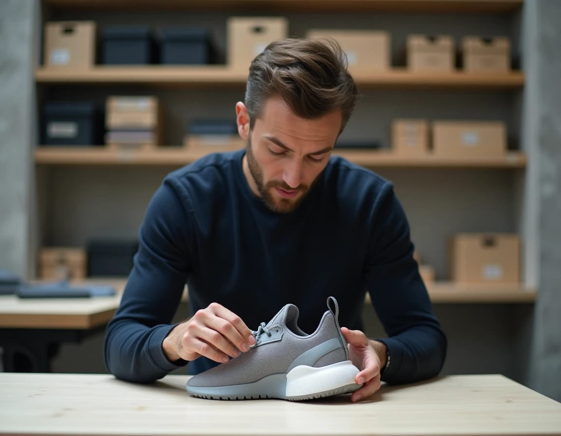 Designer examinant une sneaker Adivak dans un atelier de conception industrielle moderne