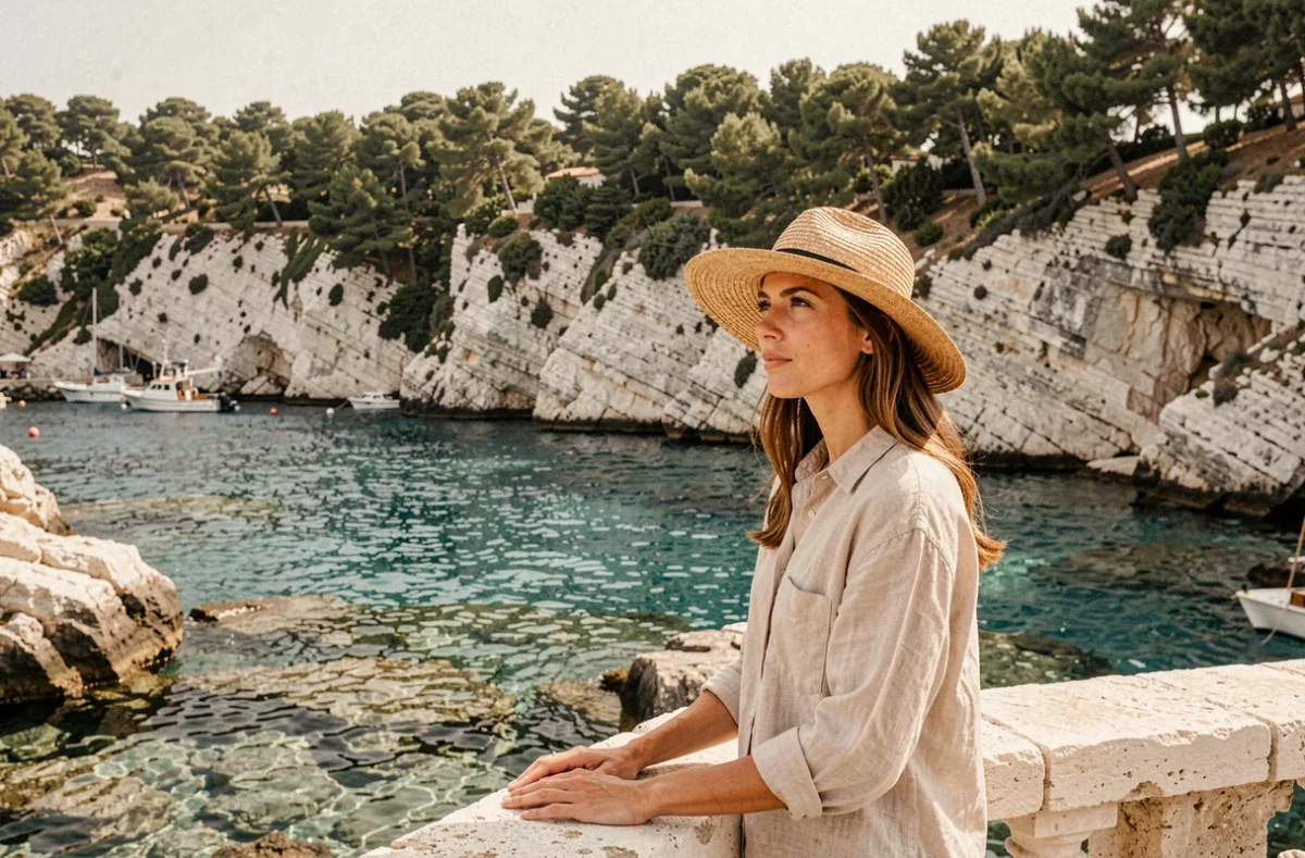 Femme voyageant au bord d'une crique méditerranéenne avec falaises calcaires et eau turquoise, destination estivale en Europe