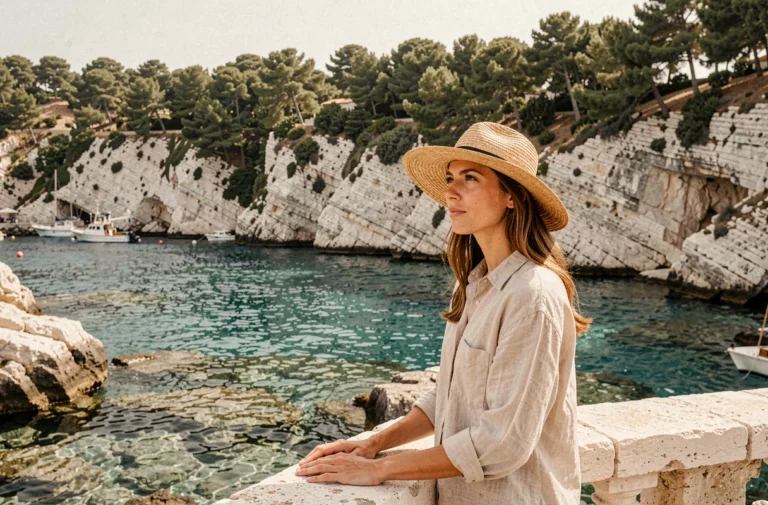 Femme voyageant au bord d'une crique méditerranéenne avec falaises calcaires et eau turquoise, destination estivale en Europe