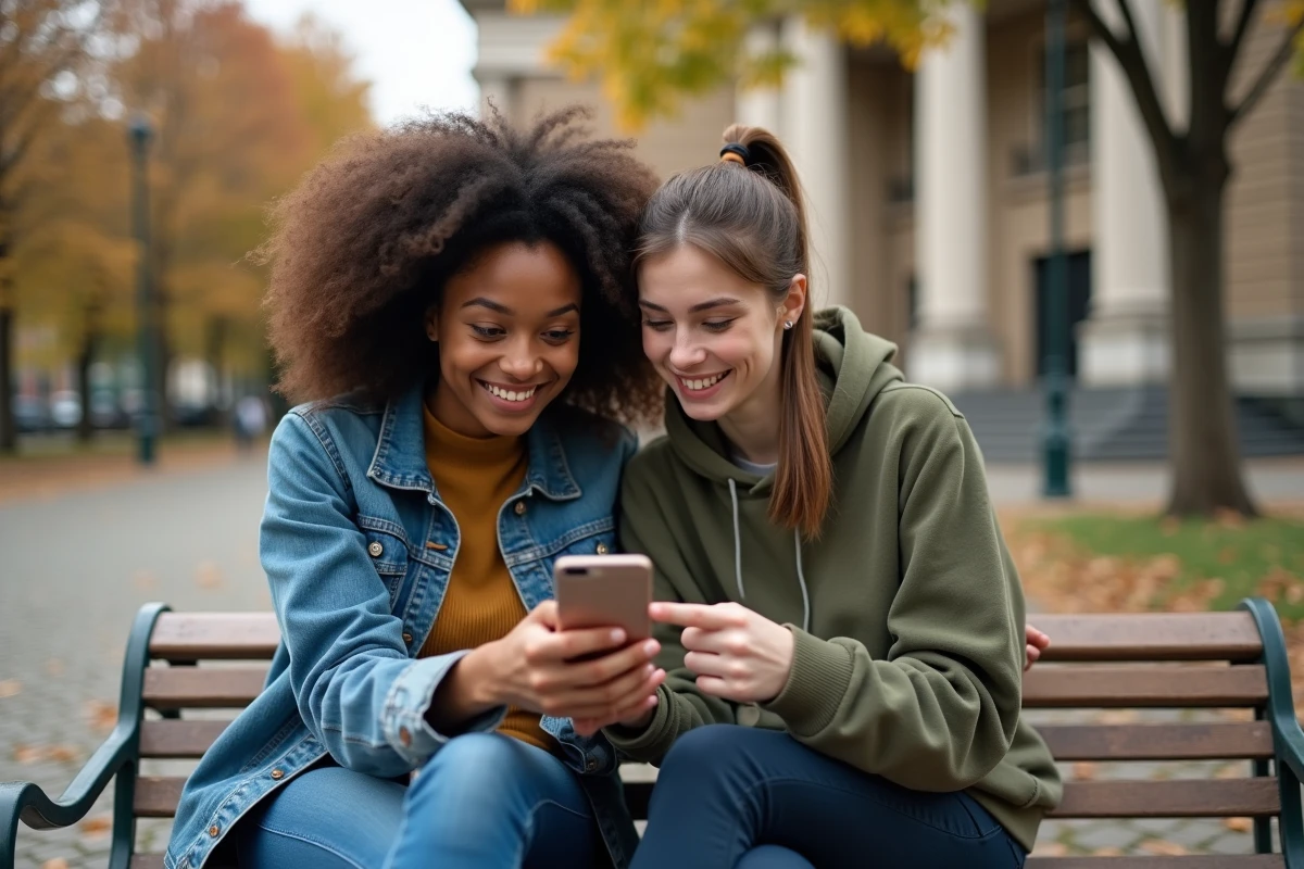 Deux femmes partageant des actualités culturelles et artistiques sur un smartphone dans un parc urbain