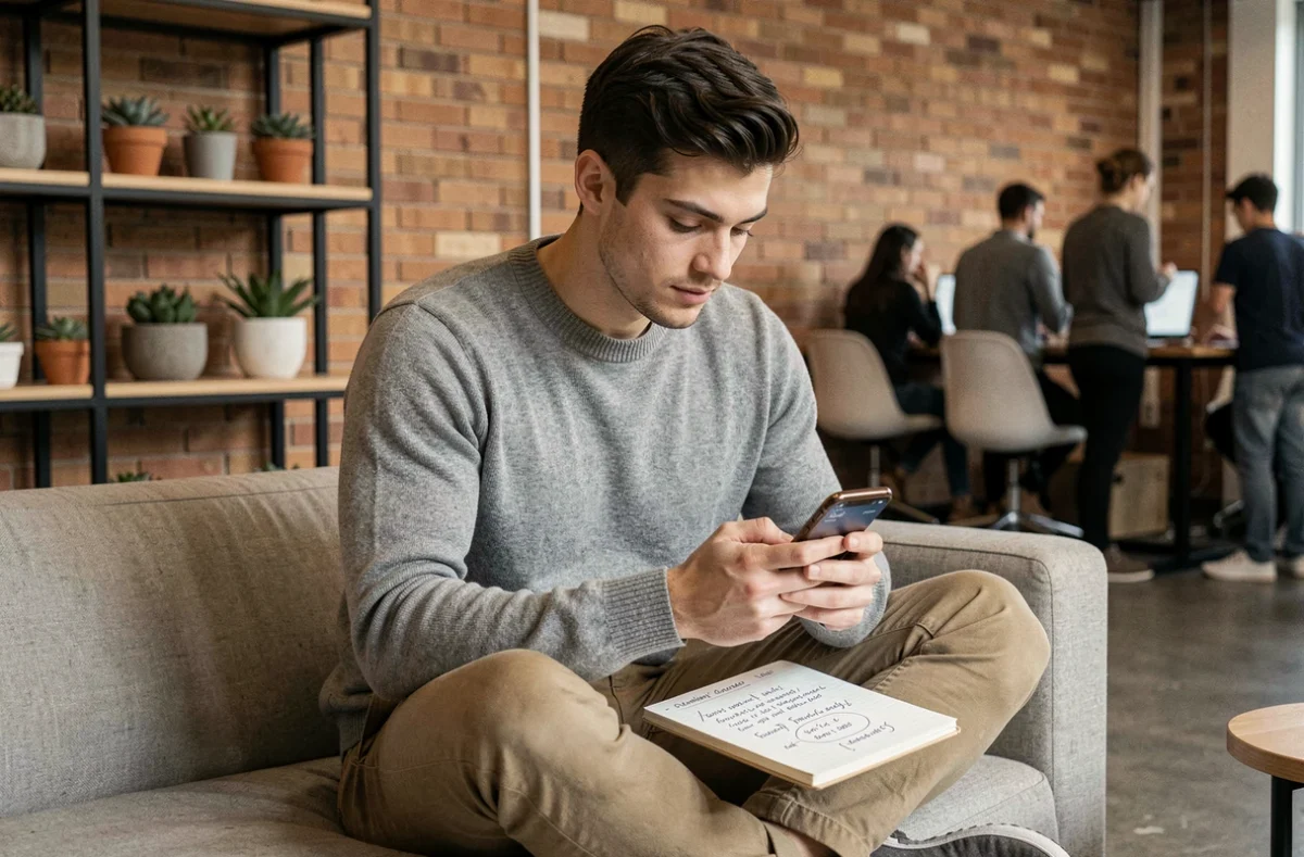 Jeune entrepreneur gérant sa présence en ligne sur smartphone dans un espace de coworking décontracté