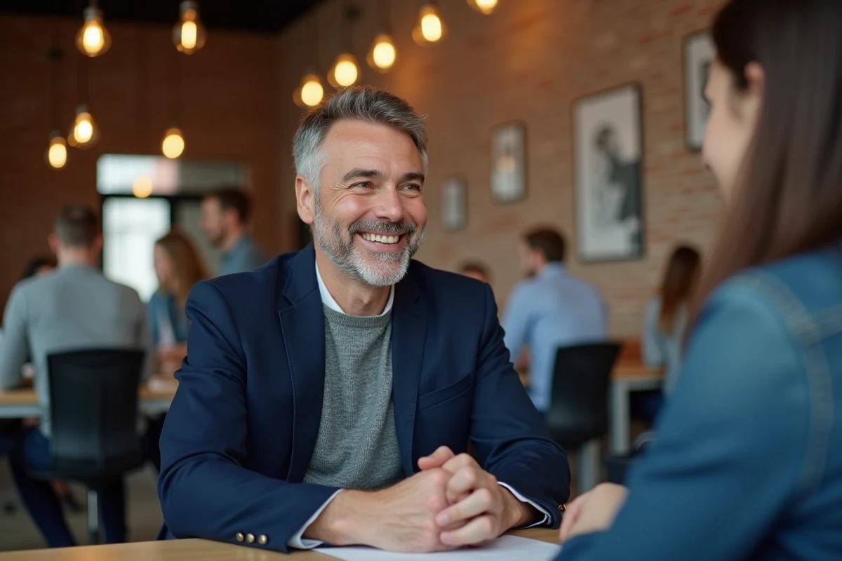 Homme en entretien de conseil professionnel dans un espace de coworking lors d'une reconversion de carrière