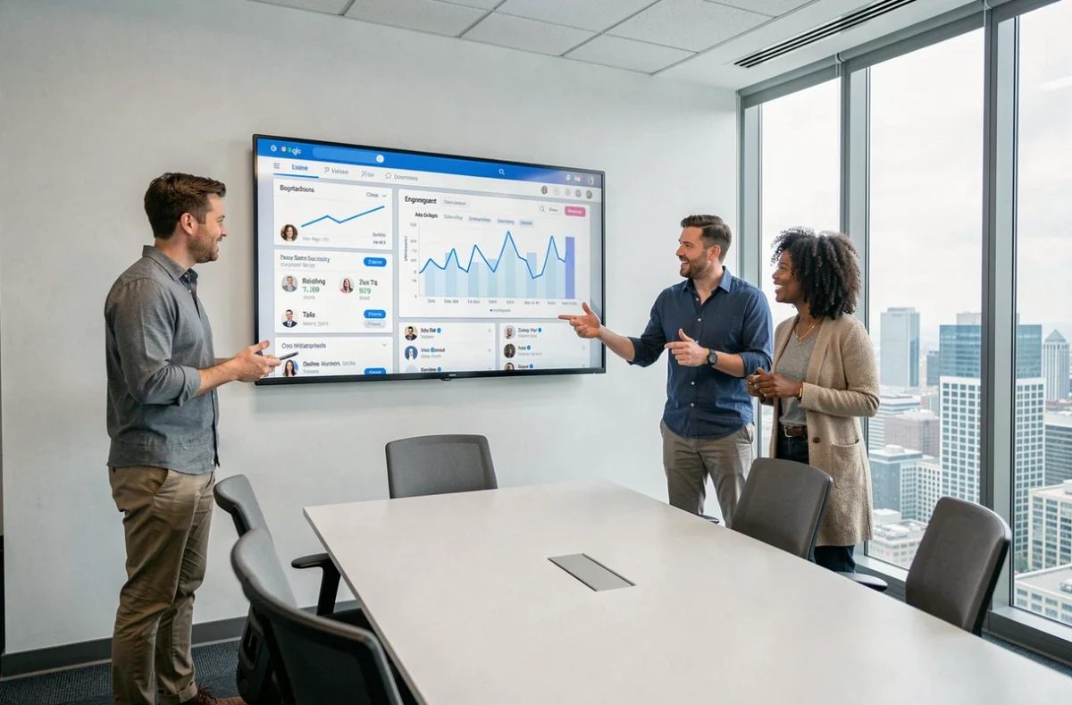 Équipe de professionnels collaborant sur une stratégie de marketing digital devant un écran interactif en salle de réunion