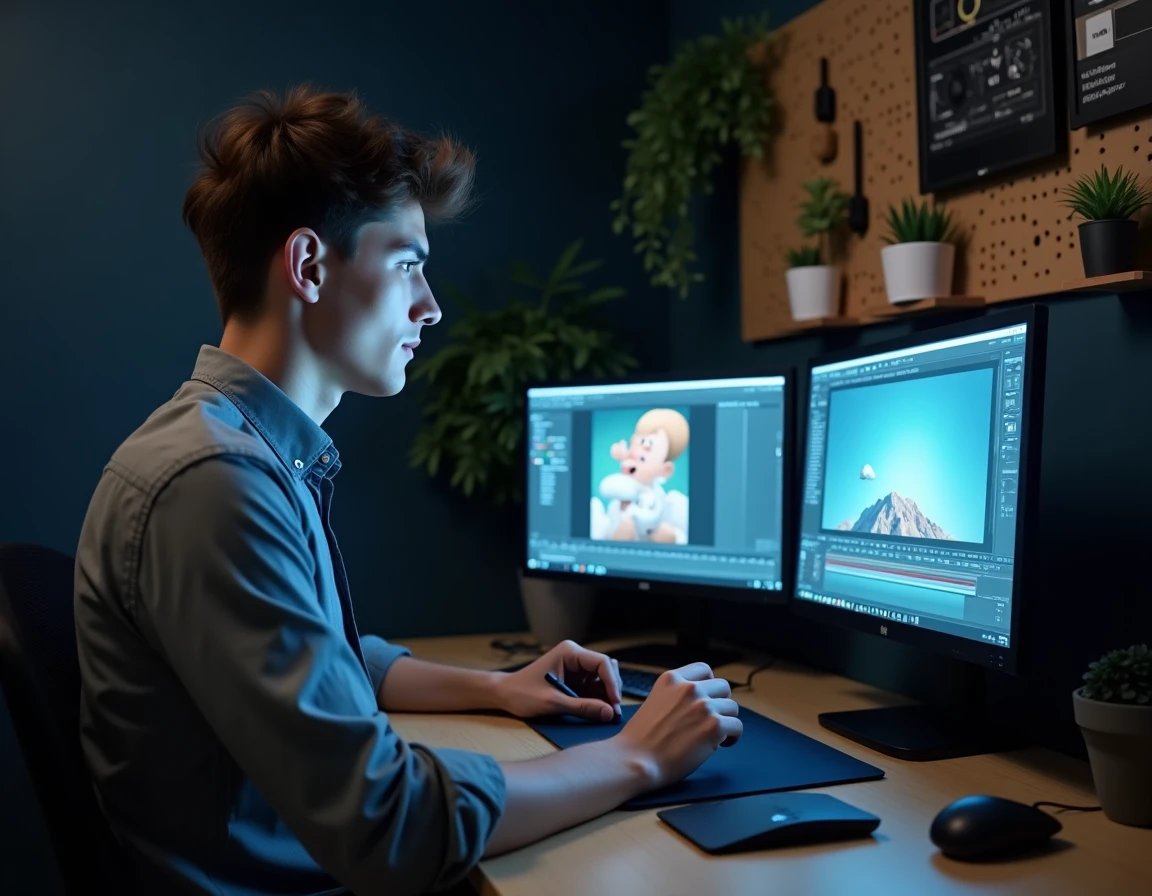 Jeune étudiant travaillant sur After Effects et Illustrator à son bureau pour préparer un portfolio de motion design pour les Gobelins