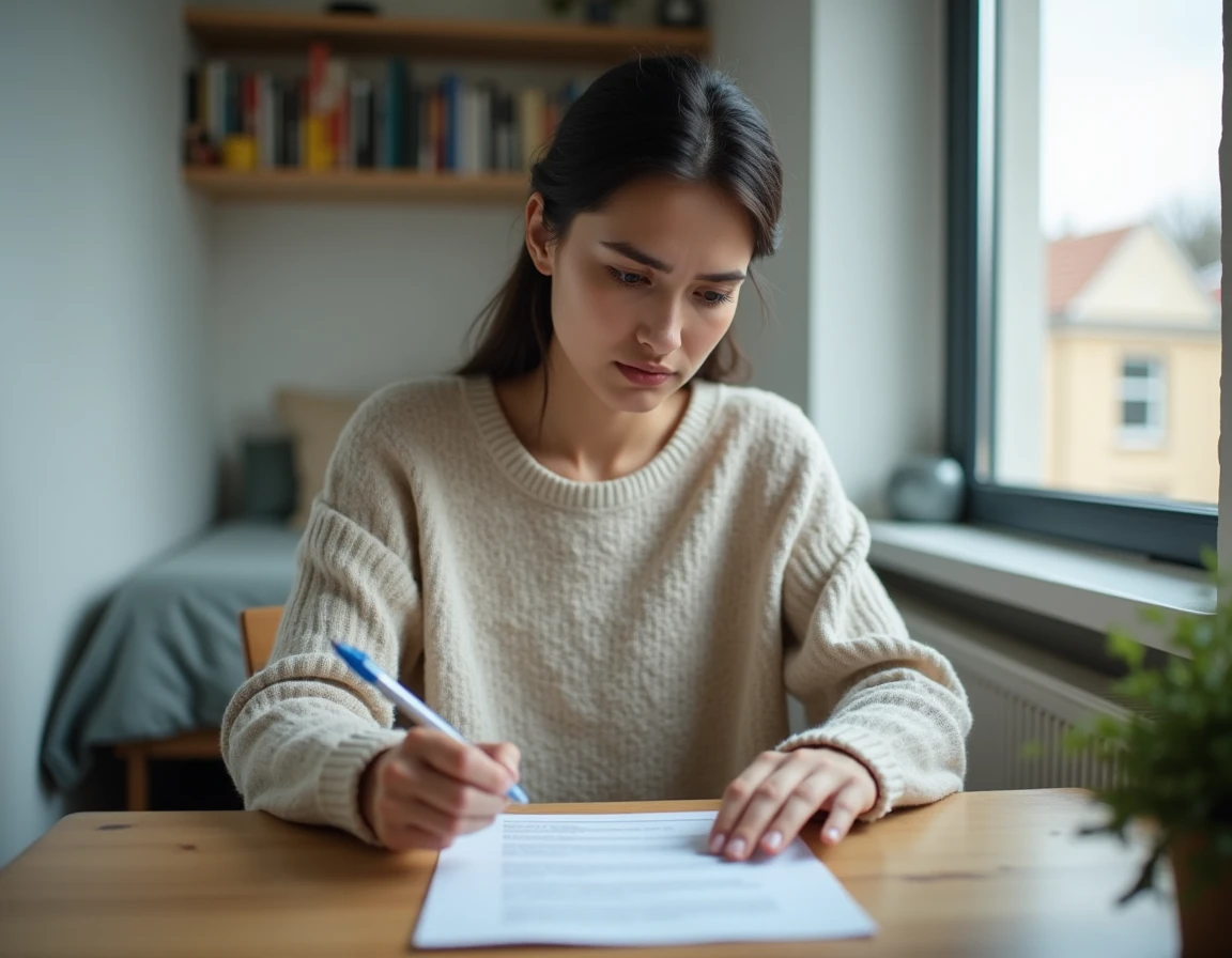 Étudiante lisant attentivement son contrat de bail dans son appartement pour comprendre les responsabilités en cas d'accident en copropriété