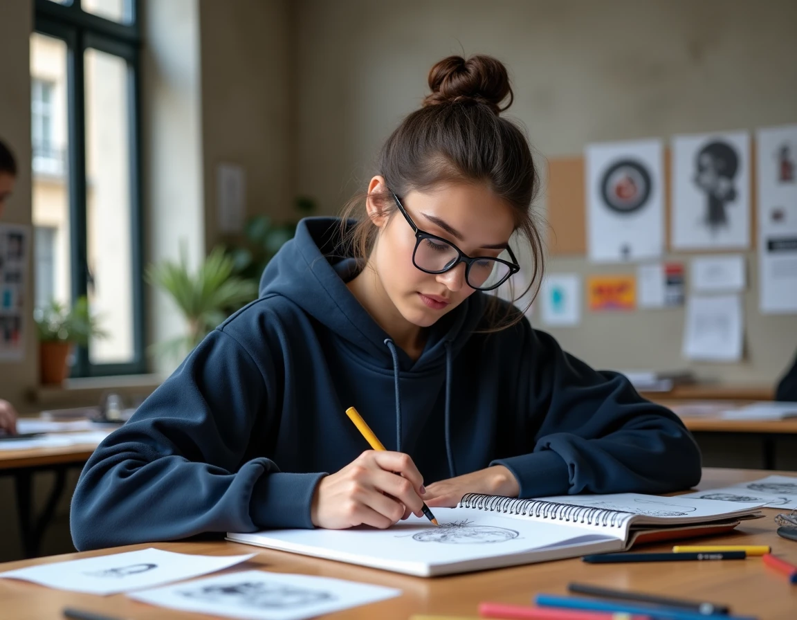 Étudiante en motion design esquissant des personnages dans un carnet de croquis dans un studio d'art parisien, préparant son dossier d'admission aux Gobelins