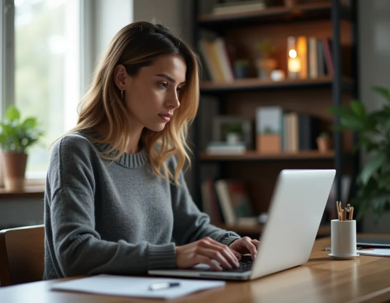 Femme consultant l'actualité en ligne sur un ordinateur portable dans un bureau moderne à domicile