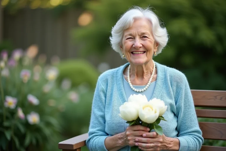 Femme souriante de 70 ans avec bouquet de peonies blanches