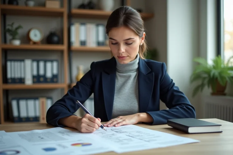 Femme professionnelle analysant des documents complexes dans un bureau moderne, illustrant la recherche et la compréhension de concepts techniques