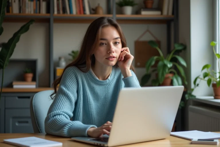 Jeune femme au bureau à domicile en sweater bleu