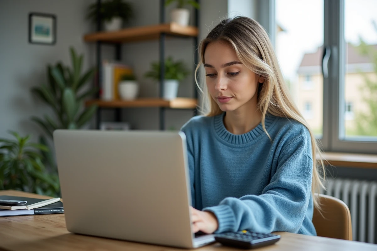Jeune femme au bureau à domicile avec ordinateur et plantes