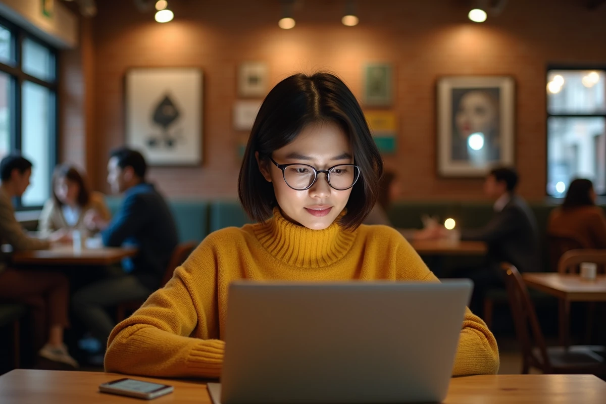 Femme dans un café parisien parcourant un magazine culturel en ligne sur son ordinateur portable