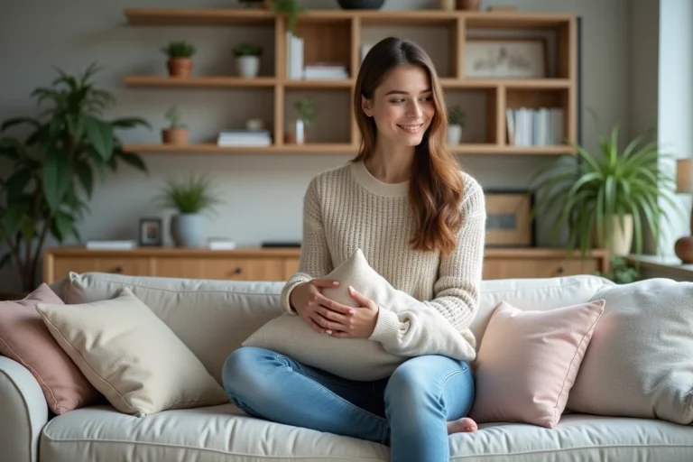 Jeune femme arrangeant des coussins sur un canapé moderne dans un salon lumineux