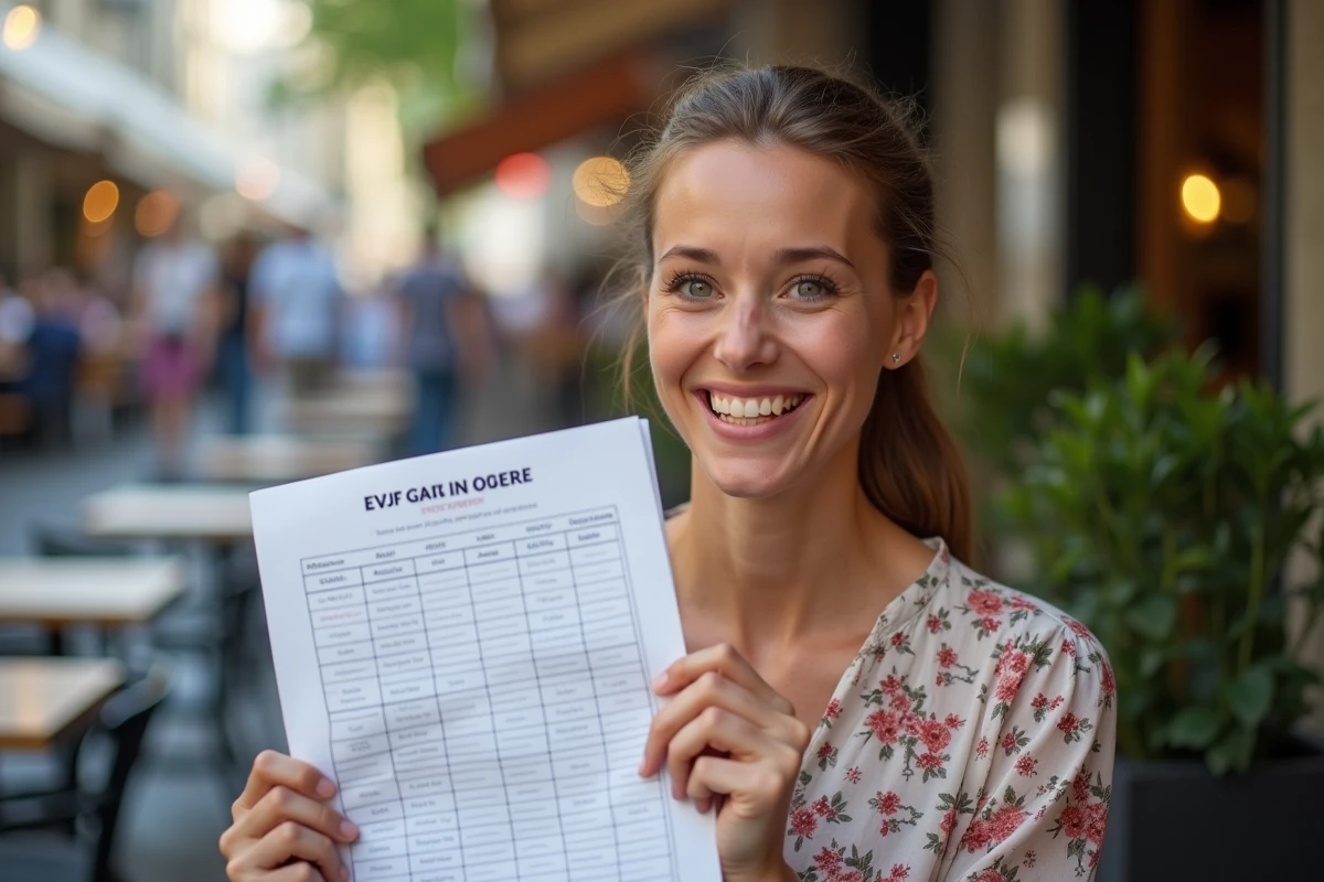 Femme heureuse montrant un jeu EVJF dans un café en plein air