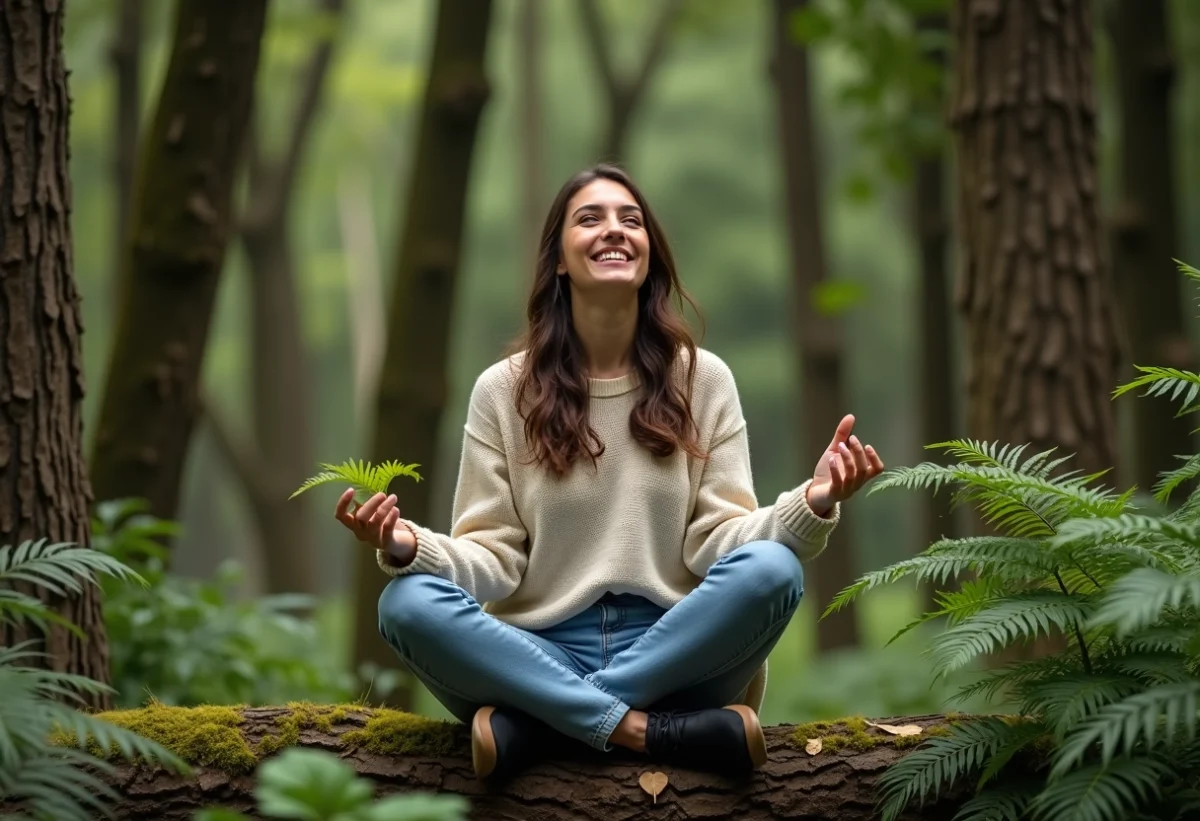 Femme assise dans la forêt avec un pull chaud
