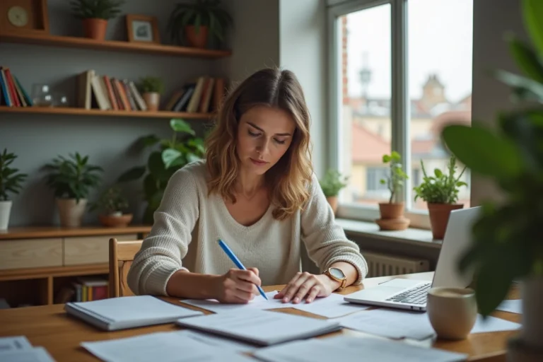 Femme organisée triant des factures dans son appartement