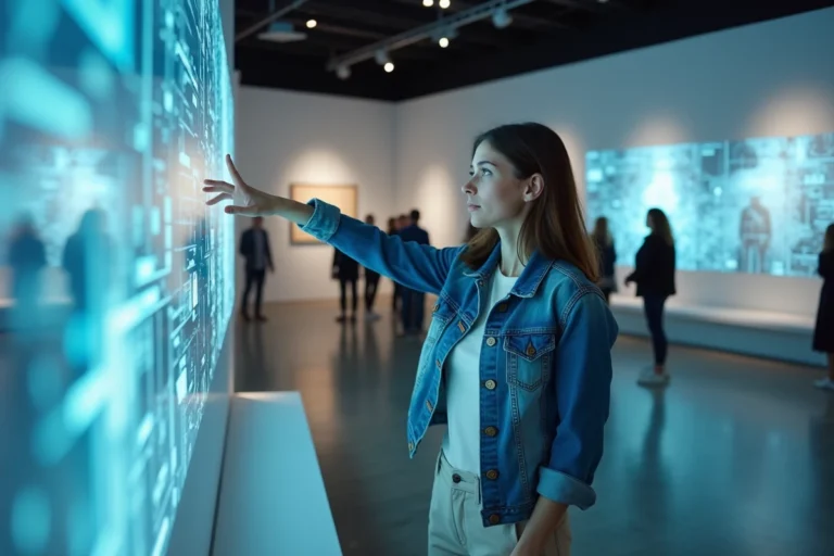 Femme curieuse interagissant avec une installation digitale