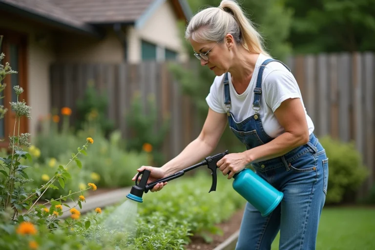 Femme en vêtements de jardinage appliquant un herbicide Ferber