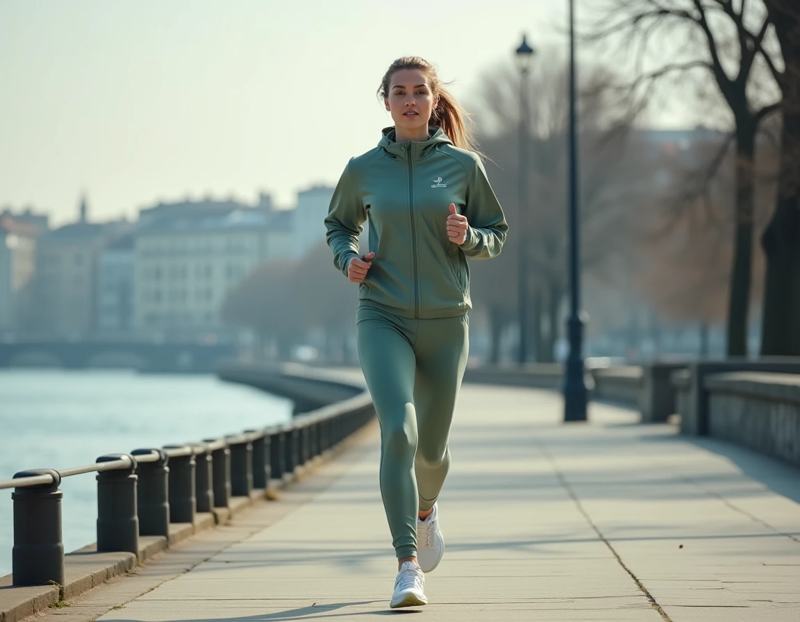 Femme en jogging portant une tenue de sport Adivak sur un boulevard urbain au bord de l'eau