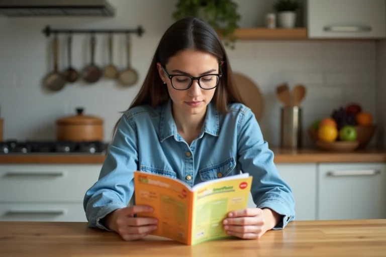 Femme lisant des plans repas colorés dans une cuisine moderne