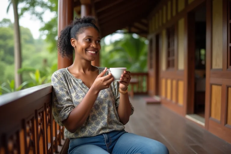 Femme malgache souriante tenant une tasse de thé sur la veranda