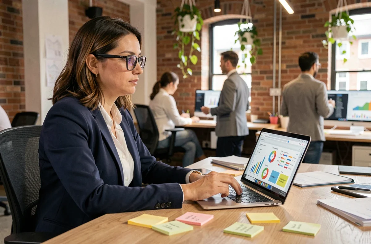 Femme professionnelle analysant des tableaux de bord de marketing digital sur un ordinateur portable dans un bureau moderne