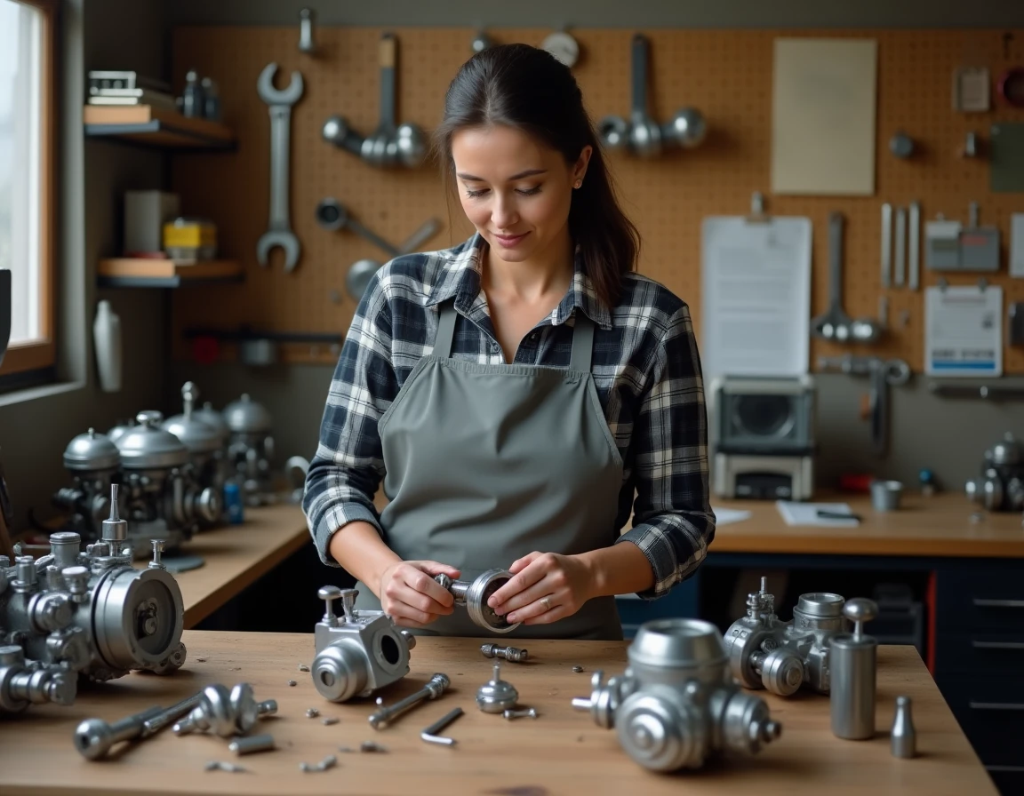Mécanicienne passionnée travaillant sur des pièces de moto vintage dans un atelier artisanal bien organisé