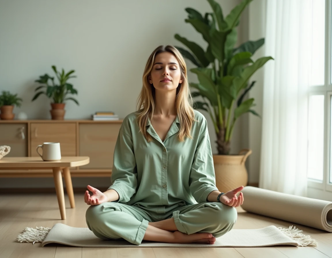Femme en tenue de yoga méditative dans un salon minimaliste scandinave, ambiance bien-être et sérénité