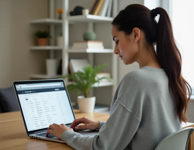 Femme naviguant sur un site d'offres d'emploi depuis son bureau à domicile