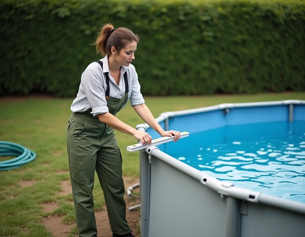 Femme utilisant un niveau de charpentier pour mesurer l'inclinaison du bord d'une piscine autoportée ronde installée sur une pelouse légèrement irrégulière