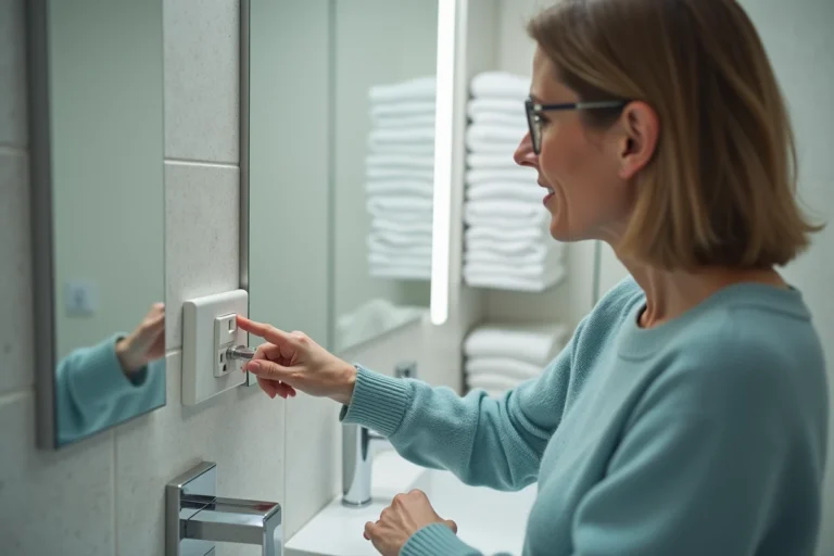 Femme d'âge moyen examinant une prise moderne dans la salle de bain